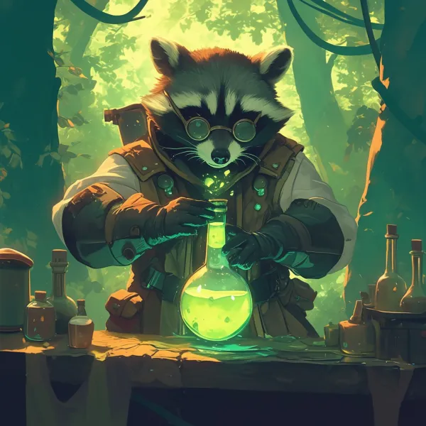 256a8d16-raccoon-alchemist-brewing-potions-in-a-magical-forest-compressed