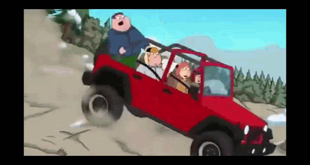 Family Guy Riding In Red Jeep